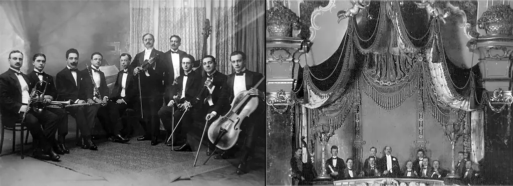 L'orchestre de Vintilescu (violoniste au centre) et le même orchestre dans la tribune des musiciens du Palais de la Danse de Berlin.