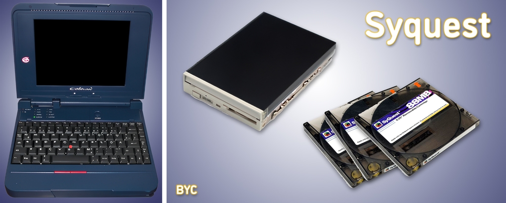 Mon premier ordinateur portable et un lecteur Syquest avec des cartouches de 88 Mo. L’ordinateur avait un processeur 486DX2 à 66 MHz, 8 Mo de RAM et 540 Mo de disque dur. Je ne sais pas où est passé cet ordinateur, mais il me reste encore des Syquests avec des cartouches de 88 Mo et de 200 Mo. En recherchant une photo de l’ordinateur sur Internet, j’ai même retrouvé ses caractéristiques. 