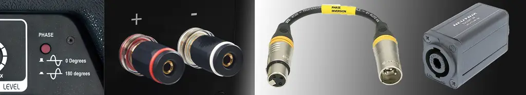 Inverseurs de phase DJ-BYC Bernardo Il existe plusieurs façons d’inverser la phase. La plus simple est de sélectionner la commande correspondante sur l’enceinte. Sur des systèmes grand public, on peut inverser le fil rouge et le noir sur le bornier. Pour des connexions en XLR ou Speakon, il faut utiliser un adaptateur spécifique (ce dernier tend à disparaître au profit du réglage sur les enceintes).