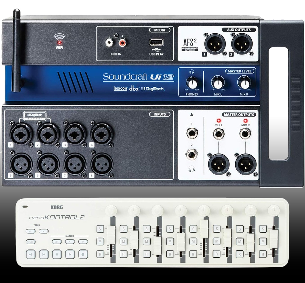 J’aime beaucoup ma console numérique SOUNDCRAFT UI12. Je l’associe parfois à un petit contrôleur midi Korg pour avoir un contrôle rapide sur le volume lors de mixages (en plus des contrôles par écran tactile).