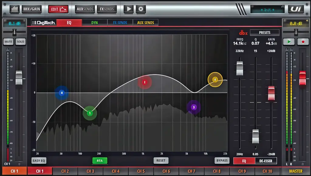 Soundcraft-Ui12-4 DJ-BYC Bernardo Chaque cercle de couleur est un point de contrôle. On peut le placer vers le haut (augmenter le volume de sa fréquence) ou vers le bas. On peut choisir la pente, par exemple, pour modifier une fréquence très précise ou une plus grande partie du spectre sonore. On voit en gris sous la courbe, le spectrogramme (RTA) en temps réel de la musique.