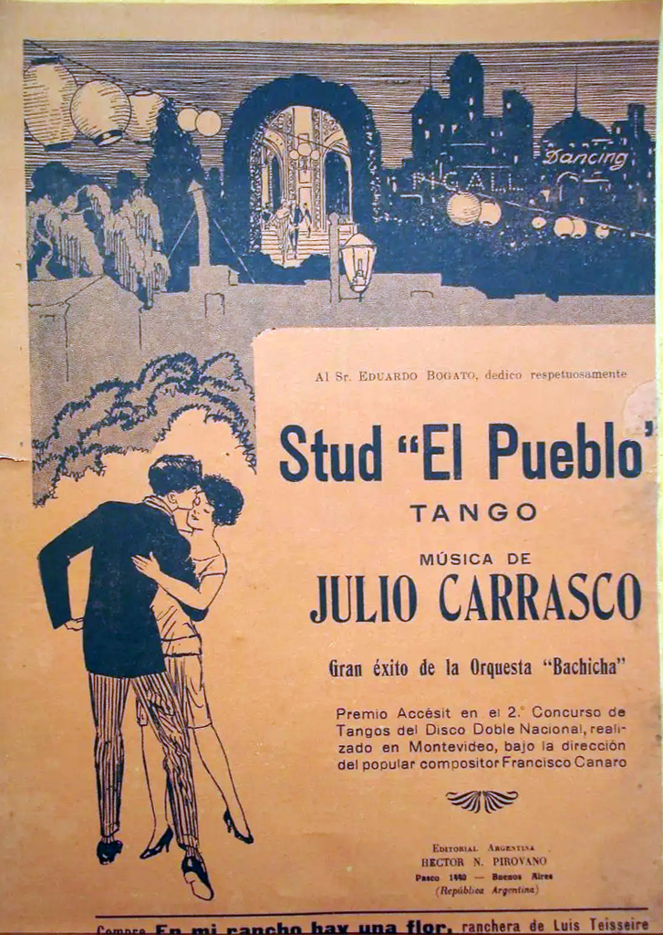 La couverture de la partition de Stud El Pueblo où on apprend que c'était un succès de Bachicha qui avait gagné un deuxième accessit lors d'un concours dirigé par Francisco Canaro.