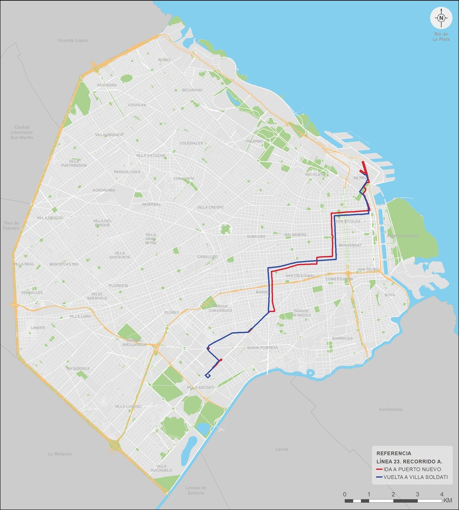 Voici le trajet qui était effectué par la ligne 23 entre Villa Soldati (en bas) et Retiro (en haut). Environ 12 km.