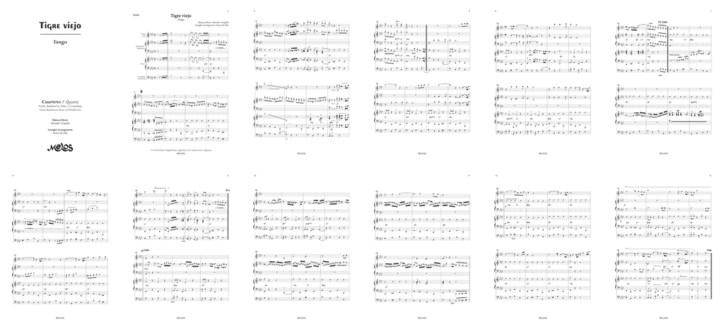 Une édition par les éditions Melos. C'est pour un cuarteto, mais cela peut être facilement étendue en doublant les parties de violons et bandonéons. On remarque les vagues évoquées, elles se retrouvent graphiquement dans l'édition musicale… https://melos.com.ar/
