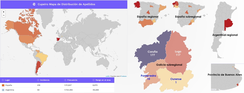 Répartition du patronyme Cupeiro dans le Monde avec détail Espagne et Argentine. Source https://forebears.io/es/surnames/cupeiro#place-tab-2014