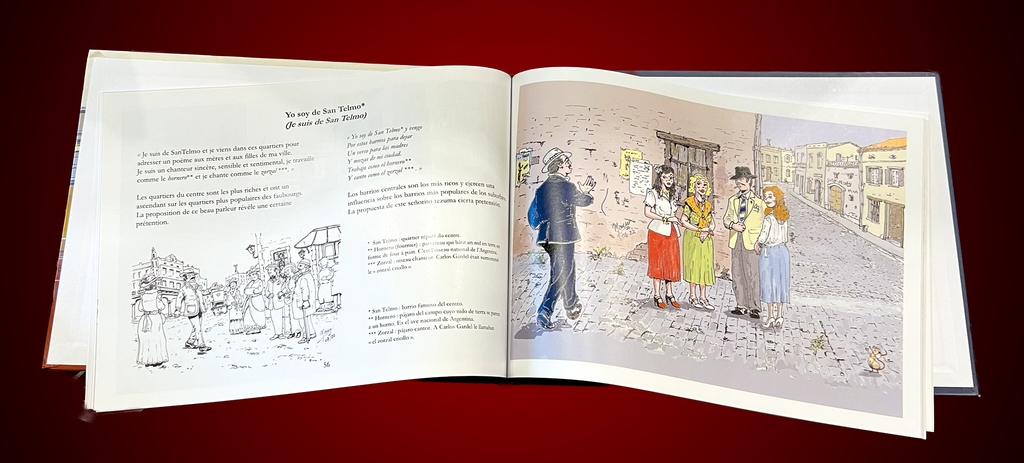 Une des doubles pages du livre. Texte en espagnol et français, les belles illustrations et pour certains thèmes, la possibilité d'écouter la musique correspondante.