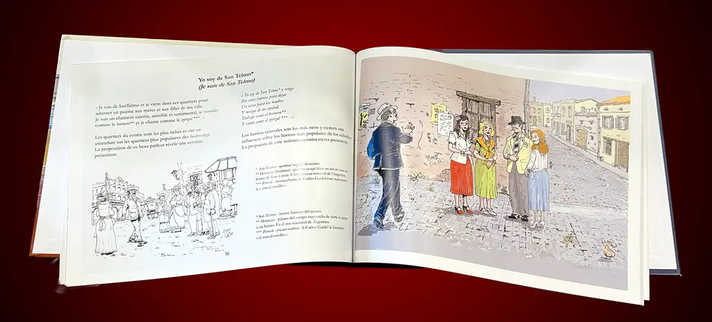 Une des doubles pages du livre. Texte en espagnol et français, les belles illustrations et pour certains thèmes, la possibilité d'écouter la musique correspondante.