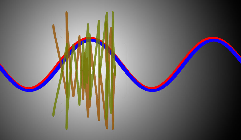 Le signal froid a été inversé (il est désormais dans la même phase que le signal original. Ils se superposent exactement (je les ai un peu décalés dans cette illustration pour qu'on puisse les voir). Les parasites sont en revanche différents (opposés).