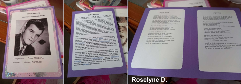 Exemple de cartes que Roselyne met sur les tables de sa milonga.