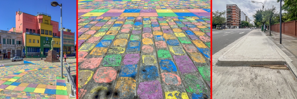 Deux cas particuliers. Les dalles peintes devant le musée Quinquela Martin à la Boca et un nouveau type d'aménagement que la ville met en place dans certains quartiers (microcentre et avenues). Le trottoir se retrouve nettement élargi. À certains endroits, c’est pour y placer des arbres à d’autres pour sécuriser les arrêts de bus ou les poubelles qui occupent souvent une des voies de circulation, ce qui peut être une surprise pour un conducteur inattentif. Ces aménagements ne relèvent plus des riverains.
