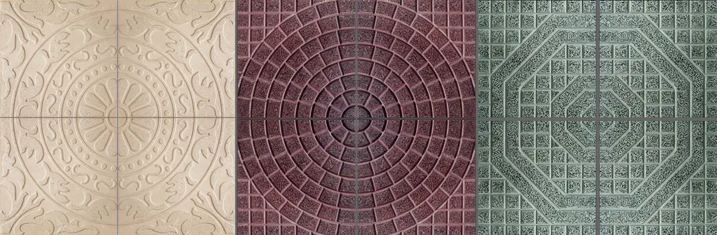 Baldosa Fleur de lys DJ-BYC Bernardo Quelques exemples de dalles (x4). Ici, les modèles « fleur de lys », Adoqui circular et Octogonal. Le modèle le plus courant est celui à petits carrés.