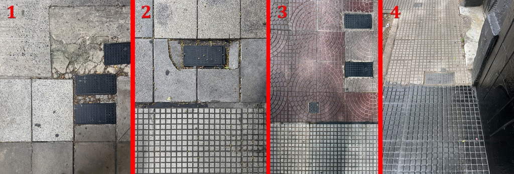 Exemple de jonctions entre immeubles. De gauche à droite et de bas en haut pour chaque image : (1) Grandes dalles rectangulaires et béton brut. On notera une partie endommagée à la suite de l’adjonction de plaques du service des eaux (AYSA) (2) Dalle à petits carrés et grandes dalles qui pourraient bien être branlantes, là encore par la faute de l’AYSA (3) Dalles à petits carrés et décor rayonnant. L’intervention du service des eaux qui a sans doute cassé les plaques rouges originales a causé le remplacement par des dalles de même type, mais grises (4) Ici, les deux propriétaires ont choisi les mêmes dalles avec petits carrés, mais celles-ci ne sont pas alignées et l’un des propriétaires a décidé de les peindre en noir, comme sa façade. Celle du voisin est aussi noire, mais il n’a pas peint son trottoir.
