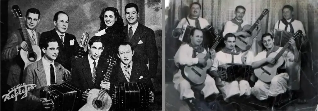 Sixto Ramón Ríos dans l'orchestre de Miguel Repiso. Deuxième au fond sur l’image de gauche et au premier plan à gauche sur l’image de droite.