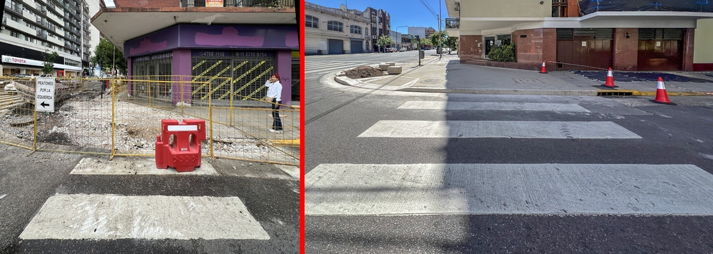 Les pièges peuvent aussi être pour les piétons. Ici, pour aménager les angles de rues, on demande aux piétons de s'engager sur une avenue, protégé par des blocs de plastique ou un simple rubalise tendu entre des plots. À droite, le résultat avec un autre piège pour ceux qui ont un chariot, une poussette ou un fauteuil roulant. Le passage zébré mène au trottoir haut. Pour profiter du bateau plus bas, il faut aller dans l’angle, très près de l’avenue et donc sortir du passage protégé.