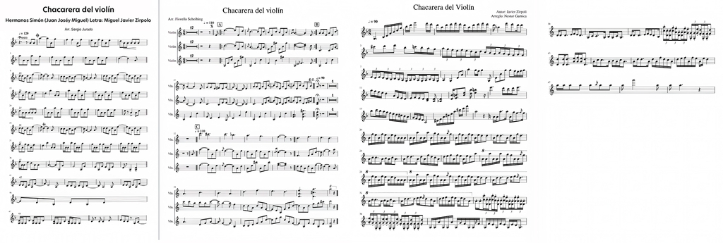Trois partitions de la Chacarera del violín 1995. De gauche à droite : la mélodie, une version pour trois violons et celle, magnifique et originale avec une introduction incroyable, de Néstor Garnica… Nous l’écouterons en fin d’anecdote.
