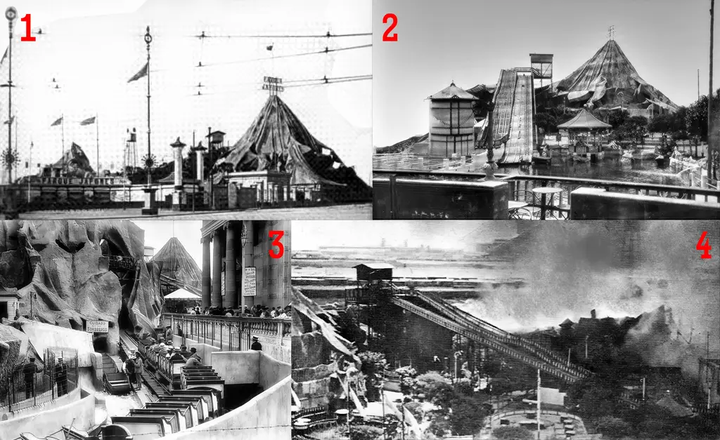 Le parc était dominé par un "Mont Fuji" (1 et 2) qui dominait les attractions, dont le petit train (3) qui entrait à l'intérieur de la montagne. En décembre 1930, un incendie (4) a détruit suffisamment le parc pour qu'il finisse par fermer et être reconstruit à un autre endroit.