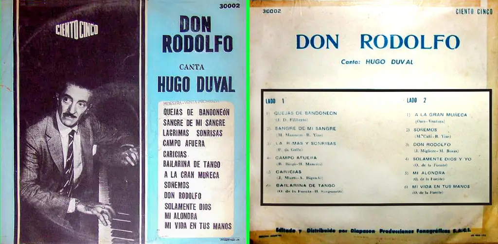 Don Rodolfo Ciento Cinco DJ-BYC Bernardo Une édition postérieure du disque 2. Le nom Biaggi a été supprimé, mais une photo de Biagi au piano le remplace avantageusement. Le nom du trio "Don Rodolfo" prolonge l'illusion pour ne pas dire, la tromperie. On notera que Biagi est écrit avec un seul G pour l’attribution de crédit de compositeur pour Campo afuera.