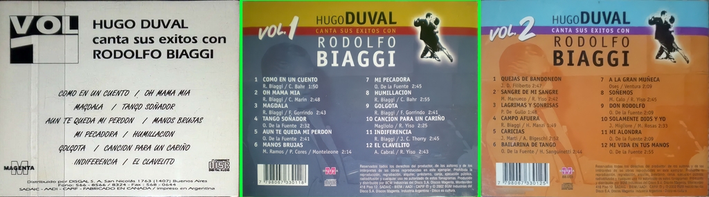 Revers de deux éditions différentes en CD. À gauche, le revers du CD 1 dont la couverture est identique à la pochette du disque LP 1 présenté ci-dessus. Les titres y sont indiqués sans aucune précision. Sur les deux revers de droite, il y a le nom des compositeurs, mais toujours pas de mention du trio Yumba ou Don Rodolfo… On notera également, que les crédits de compositeur de Biagi y sont indiqués avec l’orthographe Biaggi, ce qui renforce encore le doute de l’acheteur qui pense encore plus fort que le Biaggi est juste une coquille et pas une tromperie. On remarque le crédit des trois auteurs Norberto Horacio Ramos, Pastor Cores et Víctor Osvaldo Monteleone.