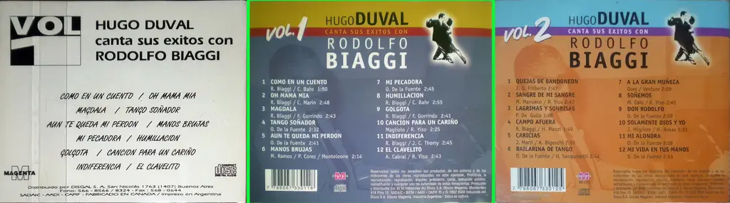 Face 4 CD 1 et 2 DJ-BYC Bernardo Revers de deux éditions différentes en CD. À gauche, le revers du CD 1 dont la couverture est identique à la pochette du disque LP 1 présenté ci-dessus. Les titres y sont indiqués sans aucune précision. Sur les deux revers de droite, il y a le nom des compositeurs, mais toujours pas de mention du trio Yumba ou Don Rodolfo… On notera également, que les crédits de compositeur de Biagi y sont indiqués avec l’orthographe Biaggi, ce qui renforce encore le doute de l’acheteur qui pense encore plus fort que le Biaggi est juste une coquille et pas une tromperie. On remarque le crédit des trois auteurs Norberto Horacio Ramos, Pastor Cores et Víctor Osvaldo Monteleone.