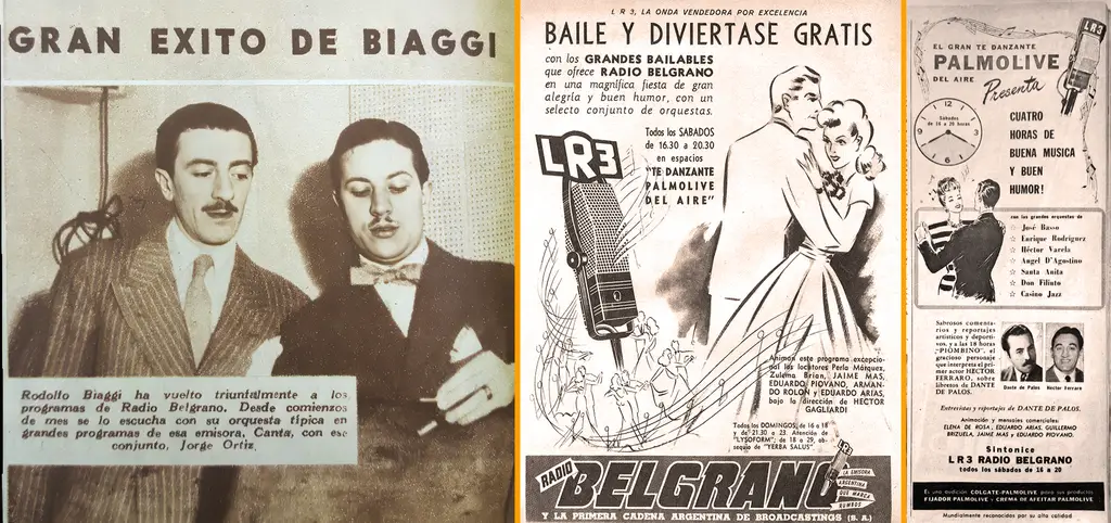 biagi-ortiz Radio Belgrano Revue Sintonía 1940c et Affiche Te danzante et Radiolanda 1951-01-27 DJ-BYC Bernardo À gauche, un détail de la revue Sintonia en 1940 qui annonce le retour de Biagi (avec deux G...) en compagnie d'Ortiz dans les programmes de Radio Belgrano. Au centre et à droite, une affiche de 1947et une publicité dans la revue Radiolanda du 27 janvier 1951 annonçant le "Té danzante Palmolive del aire", le programme qui lui a valu le surnom de Manos Brujas.