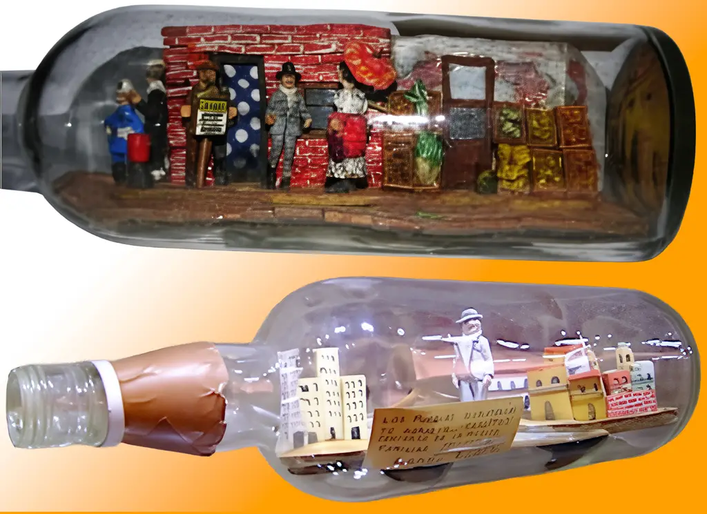 Exemples de bouteilles réalisées par Alberto Mastra. En haut, une épicerie (almacen) et une scène de rue, en bas, Carlos Gardel…