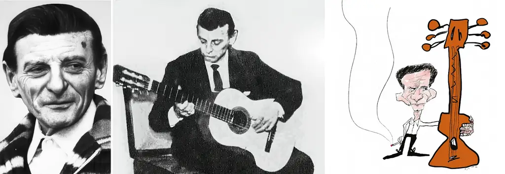 Alberto Mastra. À droite, caricature par Jaime Clara pour le disque Amores Nuevos de Gabriela Morgare.