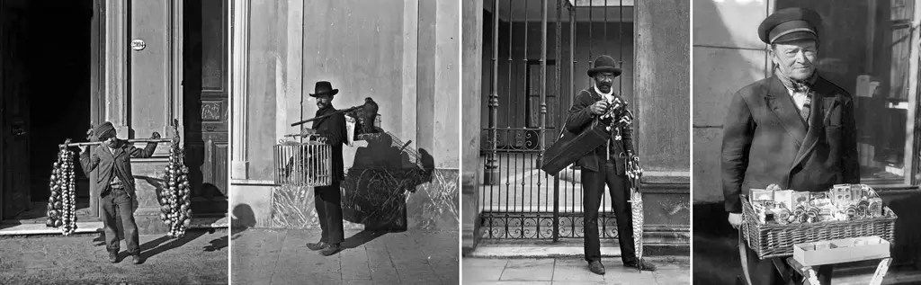 Vendeurs ambulants, vendeur d'ail et oignon, vers 1900, vendeur de Loro (perroquets) 1901, vendeur de parapluies (1905), vendeur de friandises (1950).