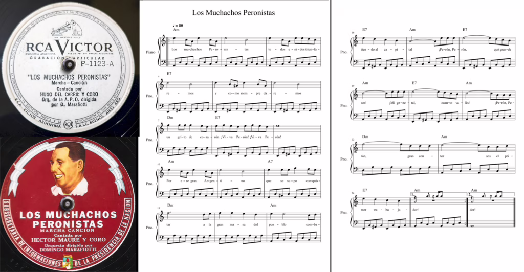 Los muchachos peronistas, partition pour piano et disques. Celui de Hugo Del Carril et celui d’Héctor Maure, les deux sous la direction de Domingo Marafioti. On remarque la mention « Grabación particular », ce que confirme le « P » pour particular dans la référence du disque : P-1123. Ce n’était pas une copie destinée à la vente au grand public.