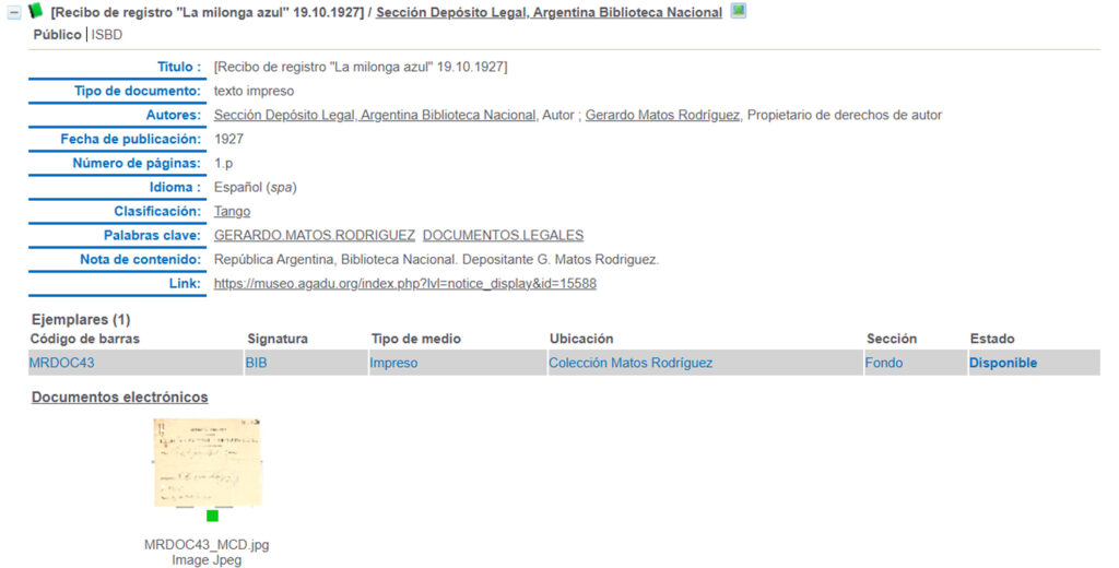Notice du dépôt légal de La Milonga azul auprès de la Bibliothèque nationale argentine le 19 octobre 1927. On notera que la date de publication mentionnée est 1927. Le document est conservé dans le fonds Matos Rodriguez du Museo y Centro de Documentación de l'AGADU.