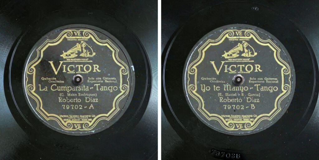 Disque Victor 79702 avec La Cumparsita en face A et Yo te manyo en face B.