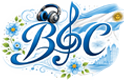 Blue BWC logo with decorative swirls and white daisies, a floral design surrounding the letters.