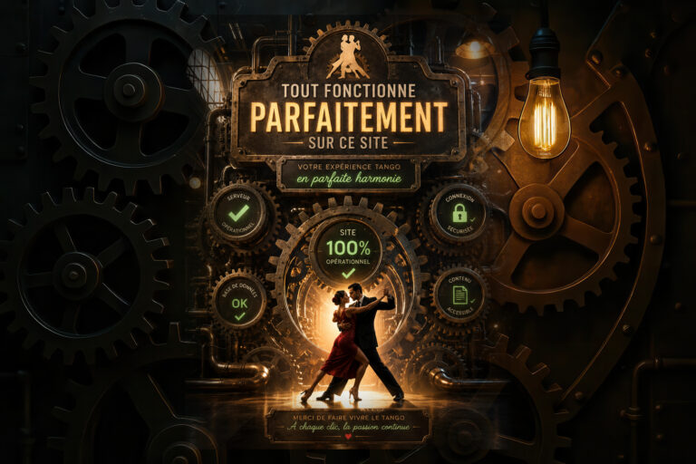 Couple dancing tango inside a steampunk gear machine with warm, amber lighting and glowing signage behind them.
