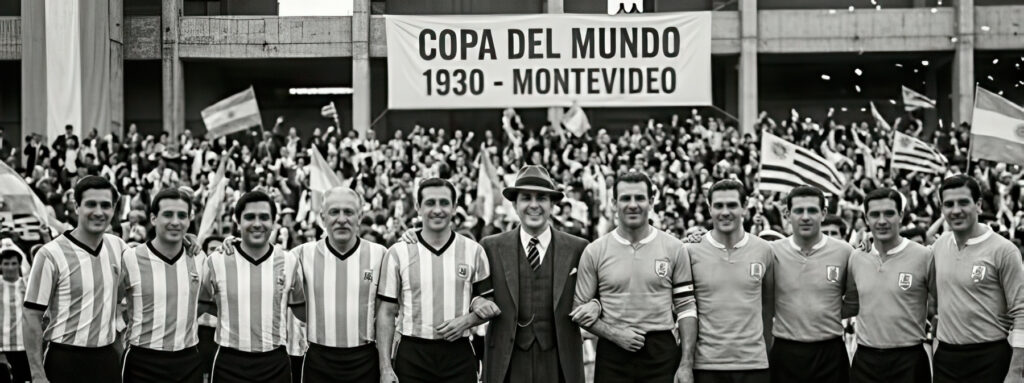 Carlos Gardel le 30 juillet 1930 où il vient de chanter "Con el corazón dividido", ayant de la sympathie pour les deux équipes… Attention, ne pas en conclure que Gardel était Uruguayen… L’Urugauay a gagné ce jour par 4 à 2, ils peuvent laisser Gardel à l’Argentine et à la France… Photo D.R., 1930.