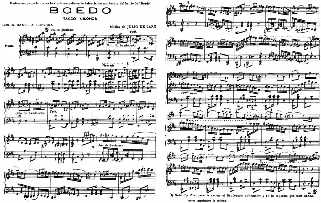 Boedo de Julio De Caro, composé en 1927 et créé le 8 octobre 1928. On notera que la plupart des éditions mentionnent 2/4 et pas 4/8 : cela déstabilise moins les musiciens, bien plus habitués au 2/4. Un des rares compositeurs classiques à avoir écrit en 4/8 est Antonín Dvořák avec le chiffrage de l’Adagio qui ouvre le premier mouvement de sa Symphonie n° 9 « Du Nouveau Monde », op. 95 — l’Allegro molto qui lui succède étant, lui, en 2/4. Le même mouvement contient donc successivement nos deux chiffrages.