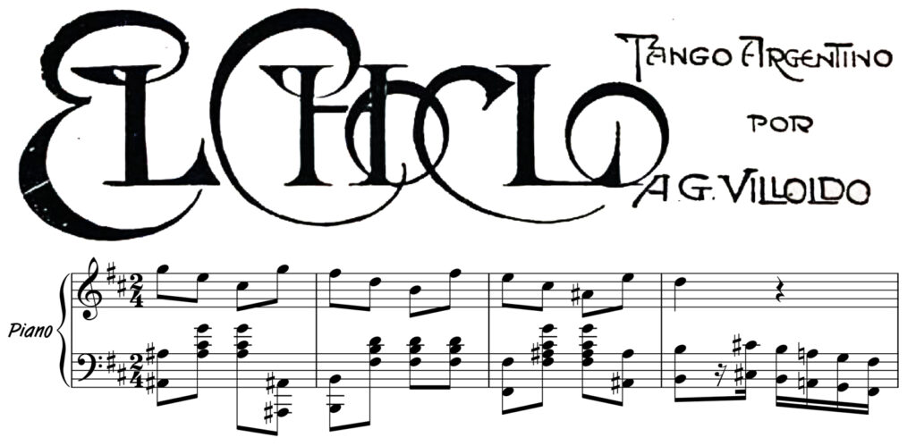 Partition de El choclo de Ángel Gregorio Villoldo Arroyo. Ce tango a été écrit vers 1900 (première en public le 3 novembre 1903). C’est ici une partition de piano avec un système de double portée, une pour la main droite (en haut) et une pour la main gauche (en bas).