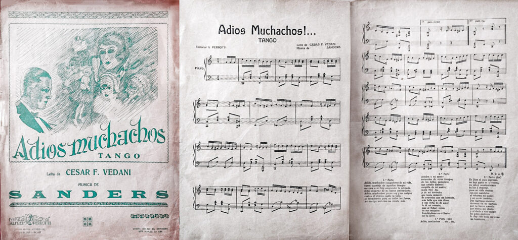 Partition pour piano de Adios muchachos. Remarquez l’absence du prénom de Sanders.