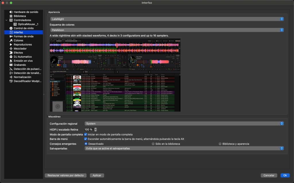 Réglage de l’interface.