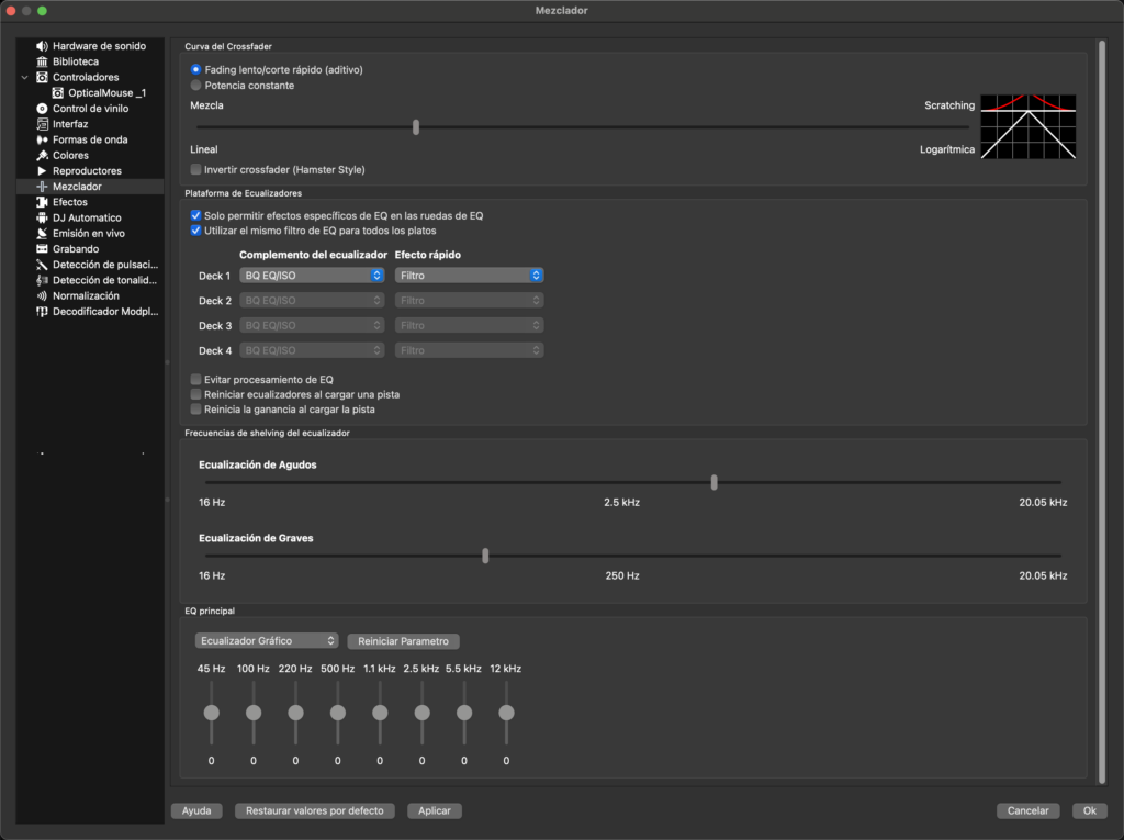 La page de configuration du mixer. Elle règle la façon dont on passe d’une piste à l’autre et, comme sur une console de mixage physique, le type d’égaliseurs mis à disposition.