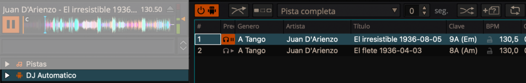 À gauche, il faut choisir la liste DJ Automatique. À droite s’affichent les morceaux présents dans cette liste. Au-dessus de la liste, les commandes du DJ automatique.