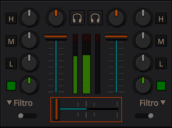 Le mixer est le cœur du logiciel. Sur les côtés, les réglages d’égalisation (graves, médiums, aigus), puis, vers le centre, les potentiomètres de volume de chacune des pistes. Au centre, les vumètres et en bas, le crossfader permettant de basculer le son d’une platine à l’autre. Petit rappel, les deux boutons gris du bas doivent être basculés vers l’extérieur pour que l’autoDJ fonctionne correctement pour le tango.