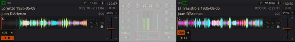 Les deux platines de MIXXX en mode tango. Ce logiciel peut afficher quatre platines en même temps, mais c’est inutile en tango, car on ne passe jamais plusieurs musiques en même temps. C’est en revanche précieux pour mixer d’autres musiques, comme celles de clubs.