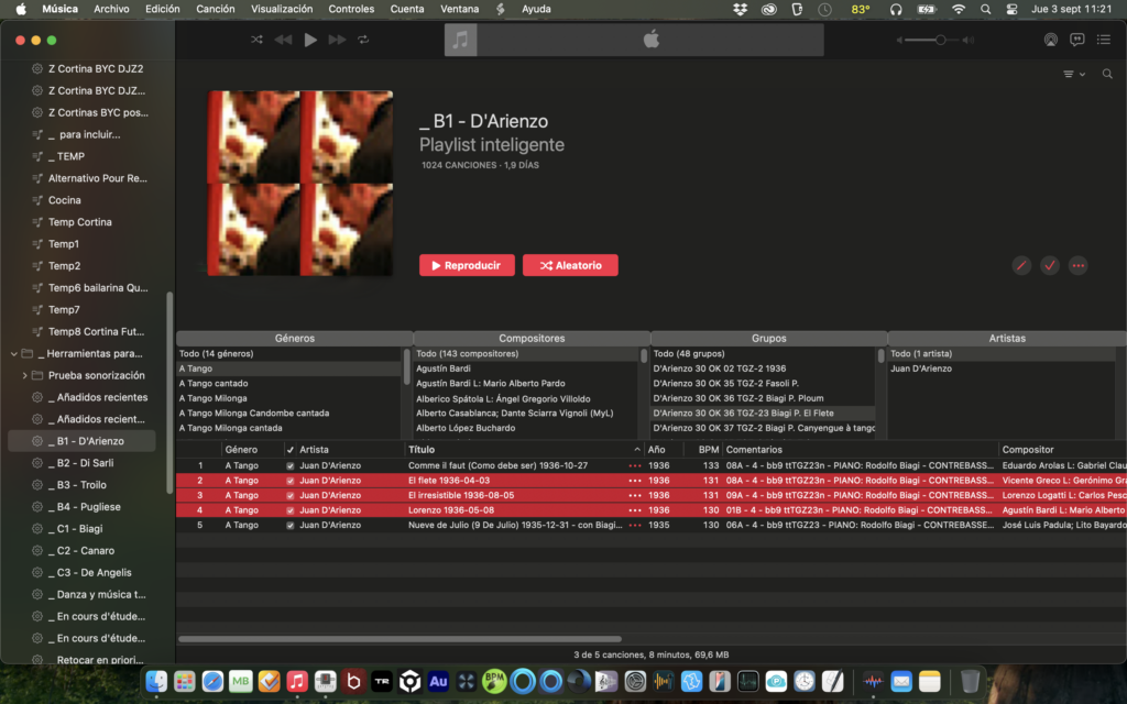 L’interface de Music permet de trouver facilement une musique. Ici, trois tangos ont été sélectionnés et sont prêts à être glissés vers MIXXX.
